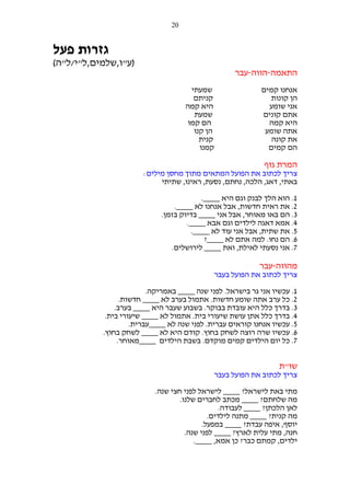 ‫02‬

‫גזרות פעל‬
‫)ע"ו,שלמים,ל"י/ל"ה(‬
‫התאמה-הווה-עבר‬
‫אנחנו קמים‬
‫הן קונות‬
‫אני שומע‬
‫אתם קונים‬
‫היא קמה‬
‫אתה שומע‬
‫את קונה‬
‫הם קמים‬

‫שמעתי‬
‫קניתם‬
‫היא קמה‬
‫שמעת‬
‫הם קמו‬
‫הן קנו‬
‫קנית‬
‫קמנו‬

‫המרת גוף‬
‫צריך לכתוב את הפועל המתאים מתוך מחסן מילים:‬
‫באתי, דאג, הלכה, נחתם, נסעת, ראינו, שתיתי‬
‫1. הוא הלך לבנק וגם היא ____.‬
‫2. את ראית חדשות, אבל אנחנו לא ____.‬
‫3. הם באו מאוחר, אבל אני ____ בדיוק בזמן.‬
‫4. אמא דאגה לילדים וגם אבא ____.‬
‫5. את שתית, אבל אני עוד לא ____.‬
‫6. הם נחו. למה אתם לא ____?‬
‫7. אני נסעתי לאילת, ואת ____ לירושלים.‬

‫מהווה-עבר‬
‫צריך לכתוב את הפועל בעבר‬
‫1. עכשיו אני גר בישראל. לפני שנה ____ באמריקה.‬
‫2. כל ערב אתה שומע חדשות. אתמול בערב לא ____ חדשות.‬
‫3. בדרך כלל היא עובדת בבוקר. בשבוע שעבר היא ____ בערב.‬
‫4. בדרך כלל אתן עושת שיעורי בית. אתמול לא ____ שיעורי בית.‬
‫5. עכשיו אנחנו קוראים עברית. לפני שנה לא ____עברית.‬
‫6. עכשיו שרה רוצה לשחק בחוץ. קודם היא לא ____ לשחק בחוץ.‬
‫7. כל יום הילדים קמים מוקדם. בשבת הילדים ____מאוחר.‬

‫שו"ת‬
‫צריך לכתוב את הפועל בעבר‬
‫מתי באת לישראל? ____ לישראל לפני חצי שנה.‬
‫מה שלחתם? ____ מכתב לחברים שלנו.‬
‫לאן הלכתן? ____ לעבודה.‬
‫מה קנית? ____ מתנה לילדים.‬
‫יוסף, איפה עבדת? ____ במפעל.‬
‫חנה, מתי עלית לארץ? ____ לפני שנה.‬
‫ילדים, קמתם כבר? כן אמא, ____.‬

 