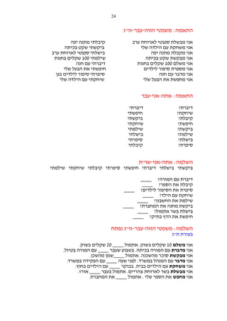 ‫42‬

‫התאמה: משפטי הווה-עבר-זו"נ‬
‫אני מבשלת ספגטי לארוחת ערב‬
‫אני משחקת עם הילדה שלי‬
‫אני מקבלת מתנה יפה‬
‫אני מבקשת שקט בכיתה‬
‫אני משלם 001 שקלים בחנות‬
‫אני מספרת סיפור לילדים‬
‫אני מדבר עם חנה‬
‫אני מחפשת את הבעל שלי‬

‫קיבלתי מתנה יפה‬
‫ביקשתי שקט בכיתה‬
‫בישלתי ספגטי לארוחת ערב‬
‫שילמתי 001 שקלים בחנות‬
‫דיברתי עם חנה‬
‫חיפשתי את הבעל שלי‬
‫סיפרתי סיפור לילדים בגן‬
‫שיחקתי עם הילדה שלי‬

‫התאמה: אתה-אני-עבר‬
‫דיברת?‬
‫שיחקת?‬
‫קיבלת?‬
‫חיפשת?‬
‫ביקשת?‬
‫שילמת?‬
‫בישלת?‬
‫סיפרת?‬

‫דיברתי‬
‫חיפשתי‬
‫ביקשתי‬
‫שיחקתי‬
‫שילמתי‬
‫בישלתי‬
‫סיפרתי‬
‫קיבלתי‬

‫השלמה: אתה-אני-שו"ת‬
‫ביקשתי בישלתי דיברתי חיפשתי סיפרתי קיבלתי שיחקתי שילמתי‬
‫דיברת עם המורה? ____‬
‫קיבלת את הספר? ____‬
‫סיפרת את הסיפור לילדים? ____‬
‫שיחקת עם הילד? ____‬
‫שילמת את החשבון? ____‬
‫ביקשת מחנה את המחברת? ____‬
‫בישלת בשר אתמול? ____‬
‫חיפשת את הדף בתיק? ____‬

‫השלמה: משפטי הווה-עבר-זו"נ נפתח‬
‫בעזרת ת"נ‬
‫אני משלם 01 שקלים בשוק. אתמול ____ 02 שקלים בשוק.‬
‫אני מדברת עם המורה בכיתה. בשבוע שעבר ____ עם המורה בטיול.‬
‫אני מבקשת סוכר מהשכנה. אתמול ____שמן מהשכן.‬
‫אני מדבר עם המנהל במשרד. לפני שעה ____ עם הפקידה במשרד.‬
‫אני משחקת עם הילדים בבית. בבוקר ____ עם הילדים בחוץ.‬
‫אני מבשלת בשר לארוחת צהריים. אתמול בעבר ____ אורז.‬
‫אני מחפש את הספר שלי . אתמול ____ את המחברת.‬

 