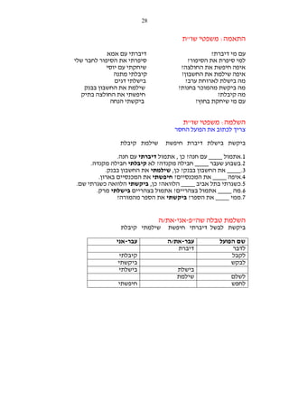 ‫82‬

‫התאמה: משפטי שו"ת‬
‫דיברתי עם אמא‬
‫סיפרתי את הסיפור לחבר שלי‬
‫שיחקתי עם יוסי‬
‫קיבלתי מתנה‬
‫בישלתי דגים‬
‫שילמת את החשבון בבנק‬
‫חיפשתי את החולצה בתיק‬
‫ביקשתי הנחה‬

‫עם מי דיברת?‬
‫למי סיפרת את הסיפור?‬
‫איפה חיפשת את החולצה?‬
‫איפה שילמת את החשבון?‬
‫מה בישלת לארוחת ערב?‬
‫מה ביקשת מהמוכר בחנות?‬
‫מה קיבלת?‬
‫עם מי שיחקת בחוץ?‬

‫השלמה: משפטי שו"ת‬
‫צריך לכתוב את הפועל החסר‬
‫שילמת קיבלת‬

‫ביקשת בישלת דיברת חיפשת‬

‫1.אתמול ____ עם חנה? כן , אתמול דיברתי עם חנה.‬
‫2.בשבוע שעבר ____ חבילה מקנדה? לא קיבלתי חבילה מקנדה.‬
‫3.____ את החשבון בבנק? כן, שילמתי את החשבון בבנק.‬
‫4.איפה ____ את המכנסיים? חיפשתי את המכנסיים בארון.‬
‫5.כשגרתי בתל אביב ____ הלוואה? כן, ביקשתי הלוואה כשגרתי שם.‬
‫6.מה ____ אתמול בצהריים? אתמול בצהריים בישלתי מרק.‬
‫7.ממי ____ את הספר? ביקשתי את הספר מהמורה?‬

‫השלמת טבלה שה"פ-אני-את/ה‬
‫ביקשת לבשל דיברתי חיפשת‬
‫שם הפועל‬
‫לדבר‬
‫לקבל‬
‫לבקש‬
‫לשלם‬
‫לחפש‬

‫עבר-את/ה‬
‫דיברת‬
‫בישלת‬
‫שילמת‬

‫שילמתי קיבלת‬
‫עבר-אני‬
‫קיבלתי‬
‫ביקשתי‬
‫בישלתי‬
‫חיפשתי‬

 