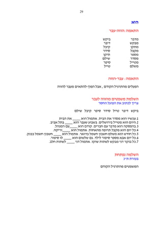 ‫92‬

‫הוא‬
‫התאמה:הווה-עבר‬
‫מדבר‬
‫מבקש‬
‫מתקן‬
‫מקבל‬
‫מספר‬
‫מסדר‬
‫מטייל‬
‫משלם‬

‫ביקש‬
‫דיבר‬
‫קיבל‬
‫סידר‬
‫תיקן‬
‫שילם‬
‫סיפר‬
‫טייל‬

‫התאמה: עבר-הווה‬
‫הפעלים מהתרגיל הקודם , אבל הפוך-להתאים מעבר להווה‬

‫השלמת משפטים מהווה לעבר‬
‫צריך לכתוב את הפועל החסר‬
‫ביקש דיבר טייל סידר סיפר קיבל שילם‬
‫1.עכשיו הוא מסדר את הבית. אתמול הוא ____ את הבית‬
‫2.היום הוא מטייל בירושלים. בשבוע שעבר הוא ____ בתל אביב.‬
‫3.בהפסקה הוא מדבר עם חברים. קודם הוא ____עם המנהל.‬
‫4.כל יום הוא מקבל תרופה מהאחות. אתמול הוא ____זריקה.‬
‫5.כל חודש הוא משלם חשבון חשמל בדואר. אתמול הוא ____ חשבון חשמל בבנק.‬
‫6.כל יום אבא מספר סיפור לילד. גם שלשום הוא ____ לו סיפור.‬
‫7.כל בוקר דני מבקש לשתות שוקו. אתמול דני ____ לשתות חלב.‬

‫השלמה נפתחת‬
‫בעזרת ת"נ‬
‫המשפטים מהתרגיל הקודם‬

 