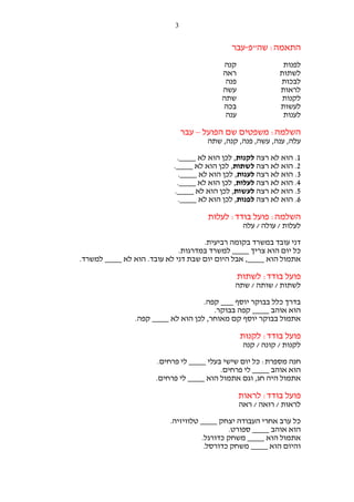 ‫3‬

‫התאמה: שה"פ-עבר‬
‫לפנות‬
‫לשתות‬
‫לבכות‬
‫לראות‬
‫לקנות‬
‫לעשות‬
‫לענות‬

‫קנה‬
‫ראה‬
‫פנה‬
‫עשה‬
‫שתה‬
‫בכה‬
‫ענה‬

‫השלמה: משפטים שם הפועל – עבר‬
‫עלה, ענה, עשה, פנה, קנה, שתה‬
‫1. הוא לא רצה לקנות, לכן הוא לא ____.‬
‫2. הוא לא רצה לשתות, לכן הוא לא ____.‬
‫3. הוא לא רצה לענות, לכן הוא לא ____.‬
‫4. הוא לא רצה לעלות, לכן הוא לא ____.‬
‫5. הוא לא רצה לעשות, לכן הוא לא ____.‬
‫6. הוא לא רצה לפנות, לכן הוא לא ____.‬

‫השלמה: פועל בודד: לעלות‬
‫לעלות / עולה / עלה‬
‫דני עובד במשרד בקומה רביעית.‬
‫כל יום הוא צריך ____ למשרד במדרגות.‬
‫אתמול הוא ____, אבל היום יום שבת דני לא עובד. הוא לא ____ למשרד.‬

‫פועל בודד: לשתות‬
‫לשתות / שותה / שתה‬
‫בדרך כלל בבוקר יוסף ___ קפה.‬
‫הוא אוהב ____ קפה בבוקר.‬
‫אתמול בבוקר יוסף קם מאוחר, לכן הוא לא ____ קפה.‬

‫פועל בודד: לקנות‬
‫לקנות / קונה / קנה‬
‫חנה מספרת: כל יום שישי בעלי ____ לי פרחים.‬
‫הוא אוהב ____ לי פרחים.‬
‫אתמול היה חג, וגם אתמול הוא ____ לי פרחים.‬

‫פועל בודד: לראות‬
‫לראות / רואה / ראה‬
‫כל ערב אחרי העבודה יצחק ____ טלוויזיה.‬
‫הוא אוהב ____ ספורט.‬
‫אתמול הוא ____ משחק כדורגל.‬
‫והיום הוא ____ משחק כדורסל.‬

 