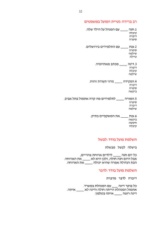 ‫23‬

‫רב ברירה:נטיית הפועל במשפטים‬
‫1.חנה ____ עם המנהל על הילד שלה.‬
‫קיבלה‬
‫דיברה‬
‫סיפרה‬

‫2.ענת ____ עם התלמידים בירושלים.‬
‫סיפרה‬
‫שילמה‬
‫טיילה‬

‫3.דינה ____ מכתב מאתיופיה.‬
‫דיברה‬
‫קיבלה‬
‫שילמה‬

‫4.הפקידה ____ מדני תעודת זהות.‬
‫דיברה‬
‫סיפרה‬
‫ביקשה‬

‫5.המורה ____ לתלמידים מה קרה אתמול בתל אביב.‬
‫סיפרה‬
‫דיברה‬
‫שילמה‬

‫6.ענת ____ את המשקפיים בתיק.‬
‫ביקשה‬
‫חיפשה‬
‫קיבלה‬

‫השלמת פועל בודד:לבשל‬
‫בישלה לבשל מבשלת‬
‫כל יום חנה ____ לילדים ארוחת צהריים,‬
‫אבל היום חנה חולה, ולכן היא לא ____ את הארוחה.‬
‫הבת הגדולה אמרה שהיא יכולה ____ את הארוחה.‬

‫השלמת פועל בודד:לדבר‬
‫דיברה לדבר מדברת‬
‫כל בוקר דינה ___ עם המנהלת במשרד.‬
‫אתמול המנהלת הייתה חולה ודינה לא ____ איתה.‬
‫דינה רוצה ____ איתה בטלפון.‬

 