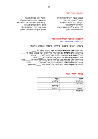 ‫73‬

‫התאמה:עבר-הווה‬
‫בשבוע שעבר דיברתן עם המורה‬
‫אתמול סידרתן את החדר‬
‫ביקשתן לגור על יד המשפחה‬
‫אתמול שיחקתן בחוץ‬
‫לפני שובע שילמתן חשבון חשמל‬
‫שלשום בישלתן מרק‬

‫עכשיו אתן מבשלות אורז‬
‫היום אתן מדברות עם המנהלת‬
‫עכשיו אתן משלמות את המשכנתא‬
‫היום אתם משחקות בבית‬
‫היום אתן מסדרות את הכיתה‬
‫עכשיו אתן מבקשות לגור רחוק‬

‫השלמה: משפטי המרה הווה-עבר‬
‫צריך לכתוב את הפועל החסר‬
‫בישלתן דיברתן כיבסתן סידרתן קיבלתן שיחקתן שילמתן‬
‫1.כל חודש אתן משלמות משכנתא, אבל בחודש שעבר לא ____‬
‫2.כל שבוע אתן מדברות עם המשפחה באתיופיה, אבל בשבוע שעבר לא ____.‬
‫3.כל יום אתן משחקות עם הילדים,אבל אתמול לא ____ איתם.‬
‫4.כל יום אתן מסדרות את הבית, אבל שלשום לא ____ אותו.‬
‫5.כל חודש אתן מקבלות כסף מביטוח לאומי, אבל לפני חודש לא ____ כסף.‬
‫6.בישראל אתן מכבסות במכונת כביסה, אבל באתיופיה _____ בנהר.‬
‫7.בישראל אתן מבשלות קפה בבית, אבל באתיופיה ____ קפה בחוץ.‬

‫טבלה: הווה –עבר‬
‫הווה‬
‫משלמות‬
‫מקבלות‬
‫מדברות‬
‫משחקות‬

‫עבר‬
‫שילמתן‬
‫סידרתן‬
‫כיבסתן‬

 