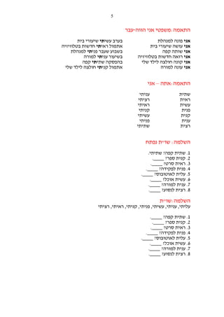 ‫5‬

‫התאמה:משפטי אני הווה-עבר‬
‫אני פונה למנהלת‬
‫אני עושה שיעורי בית‬
‫אני שותה קפה‬
‫אני רואה חדשות בטלוויזיה‬
‫אני קונה חולצה לילד שלי‬
‫אני עונה למורה‬

‫בערב עשיתי שיעורי בית‬
‫אתמול ראיתי חדשות בטלוויזיה‬
‫בשבוע שעבר פניתי למנהלת‬
‫בשיעור עניתי למורה‬
‫בהפסקה שתיתי קפה‬
‫אתמול קניתי חולצה לילד שלי‬

‫התאמה:אתה – אני‬
‫שתית‬
‫ראית‬
‫עשית‬
‫פנית‬
‫קנית‬
‫ענית‬
‫רצית‬

‫עניתי‬
‫רציתי‬
‫ראיתי‬
‫קניתי‬
‫עשיתי‬
‫פניתי‬
‫שתיתי‬

‫השלמה: שו"ת נפתח‬
‫1. שתית קפה? שתיתי.‬
‫2. קנית ספר? ____.‬
‫3. ראית סרט? ____.‬
‫4. פנית לפקידה? ____.‬
‫5. עלית לאוטובוס? ____.‬
‫6. עשית אוכל? ____.‬
‫7. ענית למורה? ____.‬
‫8. רצית לנסוע? ____.‬

‫השלמה:שו"ת‬
‫עליתי, עניתי, עשיתי, פניתי, קניתי, ראיתי, רציתי‬
‫1. שתית קפה? ____.‬
‫2. קנית ספר? ____.‬
‫3. ראית סרט? ____.‬
‫4. פנית לפקידה? ____.‬
‫5. עלית לאוטובוס? ____.‬
‫6. עשית אוכל? ____.‬
‫7. ענית למורה? ____.‬
‫8. רצית לנסוע? ____.‬

 