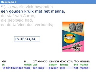 Hebreeën 9

(...) waarin zich bevonden
een gouden kruik met het manna,
de staf van Aaron,
die gebloeid had,
en de tafelen des verbonds;
4

Ex.16:33,34

33

 