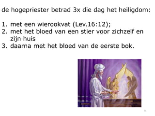 de hogepriester betrad 3x die dag het heiligdom:
1. met een wierookvat (Lev.16:12);
2. met het bloed van een stier voor zichzelf en
zijn huis
3. daarna met het bloed van de eerste bok.

8

 