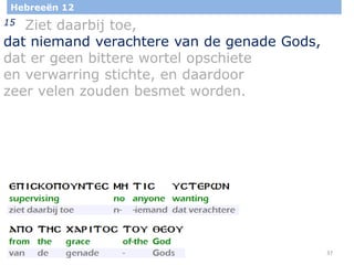 37
Hebreeën 12
15 Ziet daarbij toe,
dat niemand verachtere van de genade Gods,
dat er geen bittere wortel opschiete
en verwarring stichte, en daardoor
zeer velen zouden besmet worden.
 