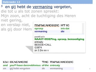 6
Hebreeën 12
5 en gij hebt de vermaning vergeten,
die tot u als tot zonen spreekt:
Mijn zoon, acht de tuchtiging des Heren
niet gering,
en verslap niet,
als gij door Hem bestraft wordt,
 