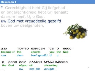 Hebreeën 1

9 Gerechtigheid hebt Gij liefgehad
en ongerechtigheid hebt Gij gehaat;
daarom heeft U, o God,
uw God met vreugdeolie gezalfd
boven uw deelgenoten.




                                      30
 
