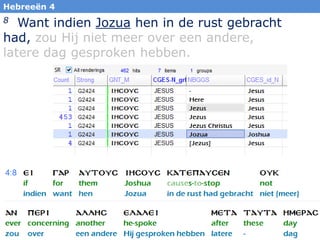 35
Hebreeën 4
8 Want indien Jozua hen in de rust gebracht
had, zou Hij niet meer over een andere,
latere dag gesproken hebben.
 