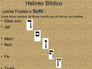 Letras Finales o Sofit :
Estas letras cambian de forma cuando van al final de una palabra.
• Ellas son:
• Jaf
• Mem
• Nun
• Fe
Hebreo Bíblico
 