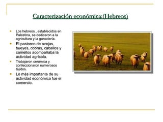 Caracterización económica:(Hebreos)   Los hebreos , establecidos en Palestina, se dedicaron a la agricultura y la ganadería. El pastoreo de ovejas, bueyes, cobras, caballos y camellos acompañaba la actividad agrícola. Trabajaron cerámica y confeccionaron numerosos tejidos. Lo más importante de su actividad económica fue el comercio.  