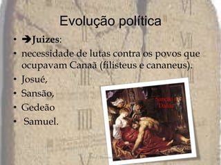 Evolução política Juizes: necessidade de lutas contra os povos que ocupavam Canaã (filisteus e cananeus). Josué, Sansão, GedeãoSamuel. Prof.: Pèrysson NogueiraSanção e Dalila