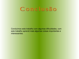 Conclusão Concluímos este trabalho com algumas dificuldades, com este trabalho aprendi mais algumas coisas importantes e interessantes.  