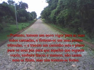 12- Portanto, tomem um novo vigor para as suas mãos cansadas, e firmem-se em suas pernas trêmulas,  13  e tracem um caminho reto e plano para os seus pés para que aqueles que seguem vocês, embora fracos e mancos, não caiam nem se firam, mas sim tornem-se fortes. 