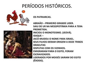 PERÍODOS HISTÓRICOS.
    OS PATRIARCAS.

    ABRAÃO – PRIMEIRO GRANDE LIDER.
    SAIU DE UR NA MESOPOTÂMIA PARA A TERA
    PROMETIDA.
    INICIOU O MONOTEISMO. (JEOVÁ).
    ISAQUE –
    JACÓ-MUDOU O NOME PARA ISRAEL.
    SEUS FILHOS DERAM ORIGEM A DOZE TRIBOS
    ISRAELITAS
    DISPUTAS COM OS VIZINHOS.
    EMIGRARAM PARA O EGITO, FORAM
    ESCRAVIZADOS.
    LIDERADOS POR MOISÉS SAIRAM DO EGITO
    (ÊXODO).
 