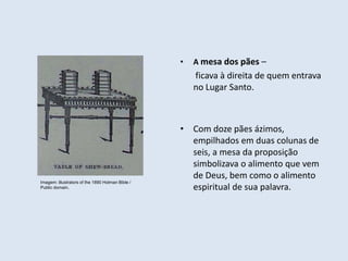 • A mesa dos pães –
ficava à direita de quem entrava
no Lugar Santo.
• Com doze pães ázimos,
empilhados em duas colunas de
seis, a mesa da proposição
simbolizava o alimento que vem
de Deus, bem como o alimento
espiritual de sua palavra.
Imagem: illustrators of the 1890 Holman Bible /
Public domain.
 