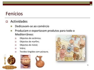 Fenícios
   Actividades
       Dedicavam-se ao comércio
       Produziam e exportavam produtos para todo o
        Mediterrâneo:
           Objectos de cerâmica;
           Objectos de marfim;
           Objectos de metal;
           Vidro;
           Tecidos tingidos com púrpura.




                                                      14
 