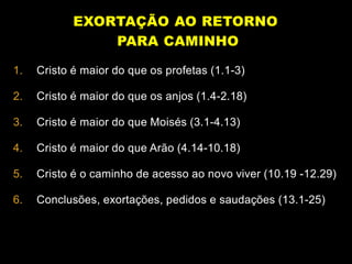 EXORTAÇÃO AO RETORNO
PARA CAMINHO
1. Cristo é maior do que os profetas (1.1-3)
2. Cristo é maior do que os anjos (1.4-2.18)
3. Cristo é maior do que Moisés (3.1-4.13)
4. Cristo é maior do que Arão (4.14-10.18)
5. Cristo é o caminho de acesso ao novo viver (10.19 -12.29)
6. Conclusões, exortações, pedidos e saudações (13.1-25)
 