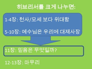 히브리서를 크게 나누면:

1-4장: 천사/모세 보다 위대함

5-10장: 예수님은 우리에 대제사장


11장: 믿음은 무엇일까?

12-13장: 마무리
 