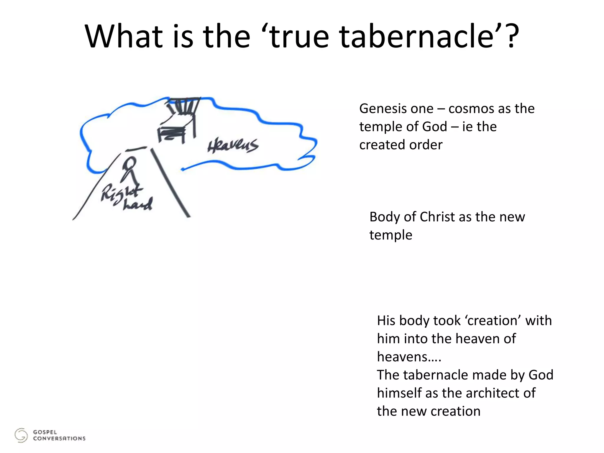 What is the ‘true tabernacle’?
Genesis one – cosmos as the
temple of God – ie the
created order
Body of Christ as the new
temple
His body took ‘creation’ with
him into the heaven of
heavens….
The tabernacle made by God
himself as the architect of
the new creation
 