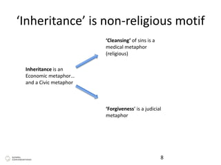 ‘Inheritance’ is non-religious motif
8
Inheritance is an
Economic metaphor…
and a Civic metaphor
‘Cleansing’ of sins is a
medical metaphor
(religious)
‘Forgiveness’ is a judicial
metaphor
 
