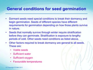 © Copyright PCNM 2011
General conditions for seed germination
• Dormant seeds need special conditions to break their dormancy and
begin germination. Seeds of different species have different
requirements for germination depending on how those plants survive
in nature.
• Seeds that normally survive through winter require stratification
before they can germinate. Stratification is exposure to lengthy
periods of cold. Other seeds need conditions as listed above.
• Other factors required to break dormancy are general to all seeds.
These are:
• Viable seeds
• Sufficient water
• Sufficient oxygen
• Favourable temperatures
 