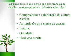 • Compreensão e valorização da cultura
escrita;
• Apropriação do sistema de escrita;
• Leitura;
• Oralidade;
• Produção escrita
Pensando nos 5 eixos, penso que esta proposta de
trabalho consegue promover reflexões sobre eles:
 