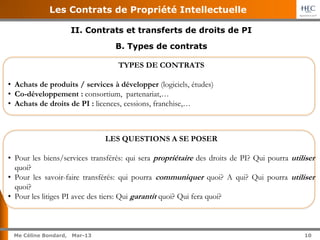 10	
  
Me Céline Bondard, 02-15 10
Les Contrats de Propriété Intellectuelle
II. Contrats et transferts de droits de PI
A. ...