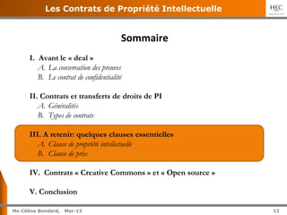 12	
  
Me Céline Bondard, 02-15 12
Les Contrats de Propriété Intellectuelle
II. Contrats et transferts de droits de PI
C. ...