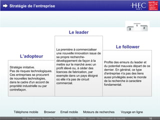 Stratégie imitative. Pas de risques technologiques. Ces entreprises se procurent de nouvelles technologies, dans le cadre d'un accord de propriété industrielle ou par contrefaçon. Profite des erreurs du leader et du potentiel mauvais départ de ce dernier. En général, ce type d'entreprise n'a pas des liens aussi privilégiés avec le monde de la recherche à caractère fondamental.   Le follower L’adopteur Stratégie de l’entreprise La première à commercialiser une nouvelle innovation issue de sa propre recherche-développement de façon à la mettre sur le marché avec un profit élevé ou, à céder des licences de fabrication, par exemple dans un pays éloigné où elle n'a pas de circuit commercial. Le leader Email mobile Browser Voyage en ligne Moteurs de recherches Téléphone mobile 