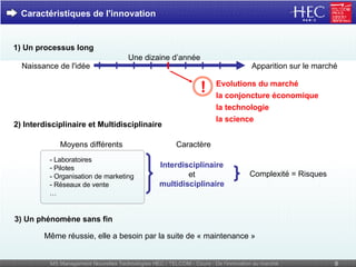 Caractéristiques de l'innovation   - Laboratoires Pilotes - Organisation de marketing - Réseaux de vente … Evolutions du marché ! la science la technologie la conjoncture économique 2) Interdisciplinaire et Multidisciplinaire Moyens différents Interdisciplinaire et multidisciplinaire Caractère Complexité = Risques 3) Un phénomène sans fin Même réussie, elle a besoin par la suite de « maintenance » Une dizaine d’année Naissance de l'idée Apparition sur le marché 1) Un processus long 