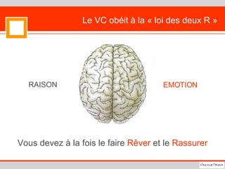 Le VC obéit à la « loi des deux R » Vous devez à la fois le faire  Rêver  et le  Rassurer RAISON   EMOTION 