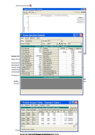 Simple Geometry River26
Penelusuran Aliran Permanen Sederhana
Gambar 28: Profil kecepatan aliran hasil hitungan di sepanjang alur 5.5.4 PRESENTASI
HASIL HITUNGAN DALAM BENTUK TABEL
Presentasi hasil hitungan dalam bentuk tabel dapat dilakukan untuk menampilkan rincian nilainilai parameter
hidraulika di sebuah tampang lintang, rincian nilai-nilai parameter hidraulika di sepanjang alur (profil panjang), serta
catatan, kesalahan, atau peringatan yang muncul dalam proses hitungan. Tabel yang terakhir ini bermanfaat untuk
melacak kesalahan yang terjadi dalam proses hitungan. Kesalahan, yang mengakibatkan proses hitungan berhenti,
sering terjadi dalam tahap awal pemodelan sistem sungai/saluran yang kompleks.
Di bawah ini dipaparkan langkah-langkah untuk menampilkan hasil hitungan dalam bentuk tabel.
a) Pilih menu View | Detailed Output Tables ... atau mengklik tombol View detailed output
at XS’s, ... (ikon ke-4 dari kanan pada papan tombol). Layar tabel hasil hitungan pada sebuah tampang lintang akan
muncul seperti tampak pada Gambar 29.
b) Pemakai dapat memilih profil maupun tampang lintang yang ditampilkan dengan
mengklik tombol Profiles atau RS.
c) Tabel dapat direkam ke dalam clipboard dengan memilih menu File | Copy to Clipboard
(Data and Headings), untuk kemudian dapat disisipkan ke dalam program aplikasi lain,
misal kedalamMSWord.
d) Selain tabel hasil hitungan di sebuah tampang lintang, tabel hasil hitungan di seluruh
alur (tampang panjang) saluran dapat pula ditampilkan dengan memilih menu View |
Profile Summary Table ~ atau dengan mengklik tombol View summary output tables by
profile seperti tampak pada Gambar 30.
Gambar 29: Tabel hasil hitungan di sebuah tampang lintangGambar 30: Tabel hasil hitungan di sepanjang alur
 