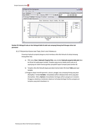 Penelusuran Aliran Tak Permanen Sederhana
Simple Geometry River51
Gambar 59: Hidrograf muka air dan hidrograf debit di salah satu tampang lintang hasil hitungan aliran tak
permanen
6.3.7 PRESENTASI KURVA DAN TABEL SIFAT-SIFAT HIDRAULIS
Presentasi hydraulic property berguna untuk membaca sifat-sifat hidraulis di setiap tampang
lintang (River Sta).
a) Pilih menu View | Hydraulic Property Plots ...atau tombol Hydraulic property table plot (ikon
ke-20 dari kiri pada papan tombol). Tampilan yang muncul adalah profil muka air di
sepanjang alur dalam bentuk gambar perspektif seperti tampak pada Gambar 60.
b) Tampilan sifat-sifat hidraulik dapat pula dalam bentuk tabel. Klik sheet Table pada layar
tampilan.
c) Pengguna dapat memilih geometri, saluran, penggal, atau tampang lintang yang akan
ditampilkan. Tombol Variables ...menyediakan pilihan sifat/parameter aliran yang akan
ditampilkan. Menu Options menyediakan berbagai pilihan pengaturan tampilan.
Pengguna sebaiknya melakukan ekplorasi terhadap berbagai fasilitas pengaturan
tampilan yang telah disediakan ini.
 