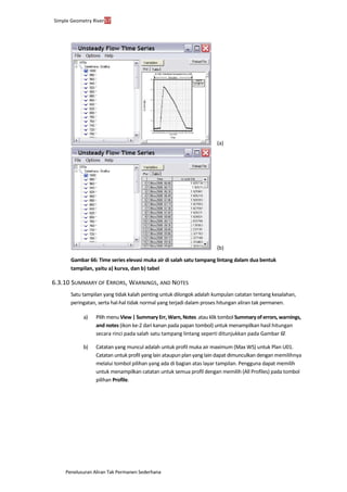 Penelusuran Aliran Tak Permanen Sederhana
Simple Geometry River57
(a)
(b)
Gambar 66: Time series elevasi muka air di salah satu tampang lintang dalam dua bentuk
tampilan, yaitu a) kurva, dan b) tabel
6.3.10 SUMMARY OF ERRORS, WARNINGS, AND NOTES
Satu tampilan yang tidak kalah penting untuk dilongok adalah kumpulan catatan tentang kesalahan,
peringatan, serta hal-hal tidak normal yang terjadi dalam proses hitungan aliran tak permanen.
a) Pilih menu View | Summary Err, Warn, Notes ...atau klik tombol Summary of errors, warnings,
and notes (ikon ke-2 dari kanan pada papan tombol) untuk menampilkan hasil hitungan
secara rinci pada salah satu tampang lintang seperti ditunjukkan pada Gambar 67.
b) Catatan yang muncul adalah untuk profil muka air maximum (Max WS) untuk Plan U01.
Catatan untuk profil yang lain ataupun plan yang lain dapat dimunculkan dengan memilihnya
melalui tombol pilihan yang ada di bagian atas layar tampilan. Pengguna dapat memilih
untuk menampilkan catatan untuk semua profil dengan memilih (All Profiles) pada tombol
pilihan Profile.
 