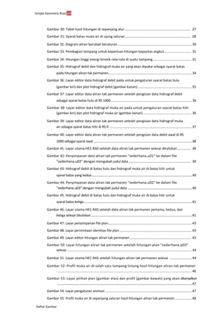 Simple Geometry Rivervii
Daftar Gambar
Gambar 30: Tabel hasil hitungan di sepanjang alur...................................................................... 27
Gambar 31: Syarat batas muka air di ujung saluran..................................................................... 28
Gambar 32: Diagram aliran berubah beraturan.............................................................................. 30
Gambar 33: Pembagian tampang untuk keperluan hitungan kapasitas angkut............................. 31
Gambar 34: Hitungan tinggi energi kinetik rata-rata di suatu tampang......................................... 31
Gambar 35: Hidrograf debit dan hidrograf muka air yang akan dipakai sebagai syarat batas
pada hitungan aliran tak permanen............................................................................................ 34
Gambar 36: Layar editor data hidrograf debit pada untuk pengaturan syarat batas hulu
(gambar kiri) dan plot hidrograf debit (gambar kanan).........................................................35
Gambar 37: Layar editor data aliran tak permanen setelah pengisian data hidrograf debit
sebagai syarat batas hulu di RS 1000 ......................................................................................... 36
Gambar 38: Layar editor data hidrograf muka air pada untuk pengaturan syarat batas hilir
(gambar kiri) dan plot hidrograf muka air (gambar kanan) ................................................... 36
Gambar 39: Layar editor data aliran tak permanen setelah pengisian data hidrograf muka
air sebagai syarat batas hilir di RS 0 ........................................................................................... 37
Gambar 40: Layar editor data aliran tak permanen setelah pengisian data debit awal di RS
1000 sebagai syarat awal ...................................................................................................................38
Gambar 41: Layar utama HEC-RAS setelah data aliran tak permanen selesai dituliskan.............. 38
Gambar 42: Penyimpanan data aliran tak permanen “sederhana.u01” ke dalam file
“sederhana.u02” dengan mengubah judul data..................................................................... 39
Gambar 43: Hidrograf debit di batas hulu dan hidrograf muka air di batas hilir untuk
syarat batas yang kedua.....................................................................................................................40
Gambar 44: Penyimpanan data aliran tak permanen “sederhana.u02” ke dalam file
“sederhana.u03” dengan mengubah judul data ...........................................................................40
Gambar 45: Hidrograf debit di batas hulu dan hidrograf muka air di batas hilir untuk
syarat batas ketiga..............................................................................................................................41
Gambar 46: Layar utama HEC-RAS setelah data aliran tak permanen pertama, kedua, dan
ketiga selesai dituliskan......................................................................................................................41
Gambar 47: Layar penyimpanan file plan........................................................................................ 43
Gambar 48: Layar permintaan identitas file plan............................................................................ 43
Gambar 49: Layar editor hitungan aliran tak permanen ................................................................. 43
Gambar 50: Layar hitungan aliran tak permanen setelah hitungan plan “sederhana.p02”
selesai.......................................................................................................................................... 44
Gambar 51: Layar utama HEC-RAS setelah hitungan aliran tak permanen selesai ....................... 44
Gambar 52: Profil muka air di salah satu tampang lintang hasil hitungan aliran tak permanen
.............................................................................................................................................. 46
Gambar 53: Layar pilihan plan (gambar atas) dan profil (gambar bawah) yang akan ditampilkan
................................................................................................................................................................................47
Gambar 54: Layar pengaturan animasi ........................................................................................... 47
Gambar 55: Profil muka air di sepanjang saluran hasil hitungan aliran tak permanen.................. 48
 