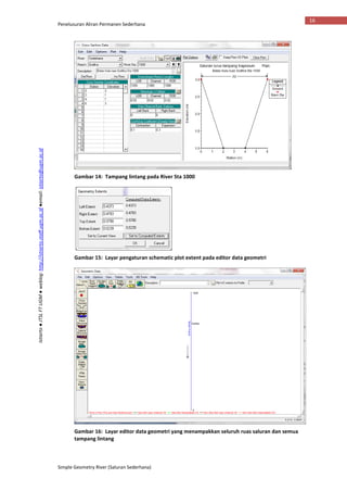 Penelusuran Aliran Permanen Sederhana
Simple Geometry River (Saluran Sederhana)
16
Istiarto●JTSLFTUGM●weblog:http://istiarto.staff.ugm.ac.id●email:istiarto@ugm.ac.id
Gambar 14: Tampang lintang pada River Sta 1000
Gambar 15: Layar pengaturan schematic plot extent pada editor data geometri
Gambar 16: Layar editor data geometri yang menampakkan seluruh ruas saluran dan semua
tampang lintang
 