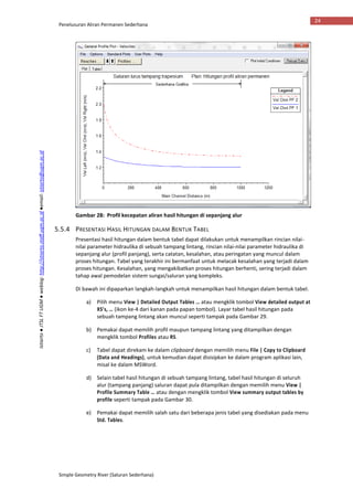 Penelusuran Aliran Permanen Sederhana
Simple Geometry River (Saluran Sederhana)
24
Istiarto●JTSLFTUGM●weblog:http://istiarto.staff.ugm.ac.id●email:istiarto@ugm.ac.id
Gambar 28: Profil kecepatan aliran hasil hitungan di sepanjang alur
5.5.4 PRESENTASI HASIL HITUNGAN DALAM BENTUK TABEL
Presentasi hasil hitungan dalam bentuk tabel dapat dilakukan untuk menampilkan rincian nilai-
nilai parameter hidraulika di sebuah tampang lintang, rincian nilai-nilai parameter hidraulika di
sepanjang alur (profil panjang), serta catatan, kesalahan, atau peringatan yang muncul dalam
proses hitungan. Tabel yang terakhir ini bermanfaat untuk melacak kesalahan yang terjadi dalam
proses hitungan. Kesalahan, yang mengakibatkan proses hitungan berhenti, sering terjadi dalam
tahap awal pemodelan sistem sungai/saluran yang kompleks.
Di bawah ini dipaparkan langkah-langkah untuk menampilkan hasil hitungan dalam bentuk tabel.
a) Pilih menu View | Detailed Output Tables … atau mengklik tombol View detailed output at
XS’s, … (ikon ke-4 dari kanan pada papan tombol). Layar tabel hasil hitungan pada
sebuah tampang lintang akan muncul seperti tampak pada Gambar 29.
b) Pemakai dapat memilih profil maupun tampang lintang yang ditampilkan dengan
mengklik tombol Profiles atau RS.
c) Tabel dapat direkam ke dalam clipboard dengan memilih menu File | Copy to Clipboard
(Data and Headings), untuk kemudian dapat disisipkan ke dalam program aplikasi lain,
misal ke dalam MSWord.
d) Selain tabel hasil hitungan di sebuah tampang lintang, tabel hasil hitungan di seluruh
alur (tampang panjang) saluran dapat pula ditampilkan dengan memilih menu View |
Profile Summary Table … atau dengan mengklik tombol View summary output tables by
profile seperti tampak pada Gambar 30.
e) Pemakai dapat memilih salah satu dari beberapa jenis tabel yang disediakan pada menu
Std. Tables.
 