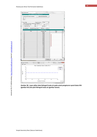 Penelusuran Aliran Tak Permanen Sederhana
Simple Geometry River (Saluran Sederhana)
34
Istiarto●JTSLFTUGM●weblog:http://istiarto.staff.ugm.ac.id●email:istiarto@ugm.ac.id
Gambar 38: Layar editor data hidrograf muka air pada untuk pengaturan syarat batas hilir
(gambar kiri) dan plot hidrograf muka air (gambar kanan)
 
