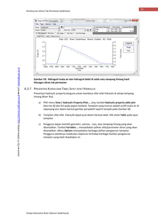 Penelusuran Aliran Tak Permanen Sederhana
Simple Geometry River (Saluran Sederhana)
51
Istiarto●JTSLFTUGM●weblog:http://istiarto.staff.ugm.ac.id●email:istiarto@ugm.ac.id
Gambar 59: Hidrograf muka air dan hidrograf debit di salah satu tampang lintang hasil
hitungan aliran tak permanen
6.3.7 PRESENTASI KURVA DAN TABEL SIFAT-SIFAT HIDRAULIS
Presentasi hydraulic property berguna untuk membaca sifat-sifat hidraulis di setiap tampang
lintang (River Sta).
a) Pilih menu View | Hydraulic Property Plots … atau tombol Hydraulic property table plot
(ikon ke-20 dari kiri pada papan tombol). Tampilan yang muncul adalah profil muka air di
sepanjang alur dalam bentuk gambar perspektif seperti tampak pada Gambar 60.
b) Tampilan sifat-sifat hidraulik dapat pula dalam bentuk tabel. Klik sheet Table pada layar
tampilan.
c) Pengguna dapat memilih geometri, saluran, ruas, atau tampang lintang yang akan
ditampilkan. Tombol Variables … menyediakan pilihan sifat/parameter aliran yang akan
ditampilkan. Menu Options menyediakan berbagai pilihan pengaturan tampilan.
Pengguna sebaiknya melakukan ekplorasi terhadap berbagai fasilitas pengaturan
tampilan yang telah disediakan ini.
 