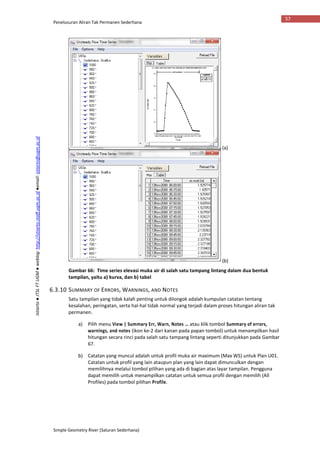 Penelusuran Aliran Tak Permanen Sederhana
Simple Geometry River (Saluran Sederhana)
57
Istiarto●JTSLFTUGM●weblog:http://istiarto.staff.ugm.ac.id●email:istiarto@ugm.ac.id
(a)
(b)
Gambar 66: Time series elevasi muka air di salah satu tampang lintang dalam dua bentuk
tampilan, yaitu a) kurva, dan b) tabel
6.3.10 SUMMARY OF ERRORS, WARNINGS, AND NOTES
Satu tampilan yang tidak kalah penting untuk dilongok adalah kumpulan catatan tentang
kesalahan, peringatan, serta hal-hal tidak normal yang terjadi dalam proses hitungan aliran tak
permanen.
a) Pilih menu View | Summary Err, Warn, Notes … atau klik tombol Summary of errors,
warnings, and notes (ikon ke-2 dari kanan pada papan tombol) untuk menampilkan hasil
hitungan secara rinci pada salah satu tampang lintang seperti ditunjukkan pada Gambar
67.
b) Catatan yang muncul adalah untuk profil muka air maximum (Max WS) untuk Plan U01.
Catatan untuk profil yang lain ataupun plan yang lain dapat dimunculkan dengan
memilihnya melalui tombol pilihan yang ada di bagian atas layar tampilan. Pengguna
dapat memilih untuk menampilkan catatan untuk semua profil dengan memilih (All
Profiles) pada tombol pilihan Profile.
 