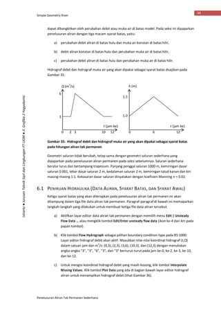 Simple Geometry River
Penelusuran Aliran Tak Permanen Sederhana
34
Istiarto●JurusanTeknikSipildanLingkunganFTUGM●Jl.Grafika2Yogyakarta
dapat dibangkitkan oleh perubahan debit atau muka air di batas model. Pada seksi ini dipaparkan
penelusuran aliran dengan tiga macam syarat batas, yaitu:
a) perubahan debit aliran di batas hulu dan muka air konstan di batas hilir,
b) debit aliran konstan di batas hulu dan perubahan muka air di batas hilir,
c) perubahan debit aliran di batas hulu dan perubahan muka air di batas hilir.
Hidrograf debit dan hidrograf muka air yang akan dipakai sebagai syarat batas disajikan pada
Gambar 35.
Gambar 35: Hidrograf debit dan hidrograf muka air yang akan dipakai sebagai syarat batas
pada hitungan aliran tak permanen
Geometri saluran tidak berubah, tetap sama dengan geometri saluran sederhana yang
dipaparkan pada penelusuran aliran permanen pada seksi sebelumnya. Saluran sederhana
beralur lurus dan bertampang trapesium. Panjang penggal saluran 1000 m, kemiringan dasar
saluran 0.001, lebar dasar saluran 2 m, kedalaman saluran 2 m, kemiringan talud kanan dan kiri
masing-masing 1:1. Kekasaran dasar saluran dinyatakan dengan koefisien Manning n = 0.02.
6.1 PENIRUAN HIDRAULIKA (DATA ALIRAN, SYARAT BATAS, DAN SYARAT AWAL)
Ketiga syarat batas yang akan diterapkan pada penelusuran aliran tak permanen ini akan
ditampung dalam tiga file data aliran tak permanen. Paragraf-paragraf di bawah ini memaparkan
langkah-langkah yang dilakukan untuk membuat ketiga file data aliran tersebut.
a) Aktifkan layar editor data aliran tak permanen dengan memilih menu Edit | Unsteady
Flow Data … atau mengklik tombol Edit/Enter unsteady flow data (ikon ke-4 dari kiri pada
papan tombol).
b) Klik tombol Flow Hydrograph sebagai pilihan boundary condition type pada RS 1000.
Layar editor hidrograf debit akan aktif. Masukkan nilai-nilai koordinat hidrograf (t,Q)
dalam satuan jam dan m3
/s: (0,3), (2,3), (3,6), (10,3), dan (12,3) dengan menuliskan
angka-angka “3”, “3”, “6”, “3”, dan “3” berturut-turut pada jam ke-0, ke-2, ke-3, ke-10,
dan ke-12.
c) Untuk mengisi koordinat hidrograf debit yang masih kosong, klik tombol Interpolate
Missing Values. Klik tombol Plot Data yang ada di bagian bawah layar editor hidrograf
aliran untuk menampilkan hidrograf debit (lihat Gambar 36).
Q (m3
/s)
t (jam ke) t (jam ke)
h (m)
0 2 3 10 12 0 6 12
3
6
1.5
1.0
 