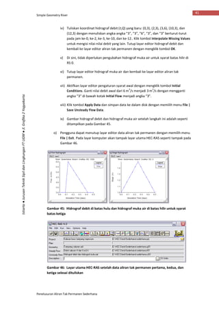 Simple Geometry River
Penelusuran Aliran Tak Permanen Sederhana
41
Istiarto●JurusanTeknikSipildanLingkunganFTUGM●Jl.Grafika2Yogyakarta
iv) Tuliskan koordinat hidrograf debit (t,Q) yang baru: (0,3), (2,3), (3,6), (10,3), dan
(12,3) dengan menuliskan angka-angka “3”, “3”, “6”, “3”, dan “3” berturut-turut
pada jam ke-0, ke-2, ke-3, ke-10, dan ke-12.. Klik tombol Interpolate Missing Values
untuk mengisi nilai-nilai debit yang lain. Tutup layar editor hidrograf debit dan
kembali ke layar editor aliran tak permanen dengan mengklik tombol OK.
v) Di sini, tidak diperlukan pengubahan hidrograf muka air untuk syarat batas hilir di
RS 0.
vi) Tutup layar editor hidrograf muka air dan kembali ke layar editor aliran tak
permanen.
vii) Aktifkan layar editor pengaturan syarat awal dengan mengklik tombol Initial
Conditions. Ganti nilai debit awal dari 6 m
3
/s menjadi 3 m
3
/s dengan mengganti
angka “3” di bawah kotak Initial Flow menjadi angka “3”.
viii) Klik tombol Apply Data dan simpan data ke dalam disk dengan memilih menu File |
Save Unsteady Flow Data.
ix) Gambar hidrograf debit dan hidrograf muka air setelah langkah ini adalah seperti
ditampilkan pada Gambar 45.
o) Pengguna dapat menutup layar editor data aliran tak permanen dengan memilih menu
File | Exit. Pada layar komputer akan tampak layar utama HEC-RAS seperti tampak pada
Gambar 46.
Gambar 45: Hidrograf debit di batas hulu dan hidrograf muka air di batas hilir untuk syarat
batas ketiga
Gambar 46: Layar utama HEC-RAS setelah data aliran tak permanen pertama, kedua, dan
ketiga selesai dituliskan
 