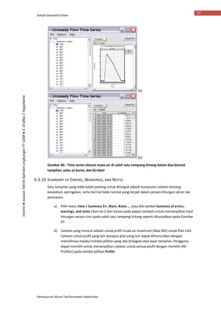 Simple Geometry River
Penelusuran Aliran Tak Permanen Sederhana
57
Istiarto●JurusanTeknikSipildanLingkunganFTUGM●Jl.Grafika2Yogyakarta
(a)
(b)
Gambar 66: Time series elevasi muka air di salah satu tampang lintang dalam dua bentuk
tampilan, yaitu a) kurva, dan b) tabel
6.3.10 SUMMARY OF ERRORS, WARNINGS, AND NOTES
Satu tampilan yang tidak kalah penting untuk dilongok adalah kumpulan catatan tentang
kesalahan, peringatan, serta hal-hal tidak normal yang terjadi dalam proses hitungan aliran tak
permanen.
a) Pilih menu View | Summary Err, Warn, Notes … atau klik tombol Summary of errors,
warnings, and notes (ikon ke-2 dari kanan pada papan tombol) untuk menampilkan hasil
hitungan secara rinci pada salah satu tampang lintang seperti ditunjukkan pada Gambar
67.
b) Catatan yang muncul adalah untuk profil muka air maximum (Max WS) untuk Plan U01.
Catatan untuk profil yang lain ataupun plan yang lain dapat dimunculkan dengan
memilihnya melalui tombol pilihan yang ada di bagian atas layar tampilan. Pengguna
dapat memilih untuk menampilkan catatan untuk semua profil dengan memilih (All
Profiles) pada tombol pilihan Profile.
 