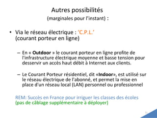 Autres possibilités   (marginales pour l’instant)  : Via le réseau électrique :  ‘C.P.L.’  (courant porteur en ligne) En «  Outdoor  » le courant porteur en ligne profite de l'infrastructure électrique moyenne et basse tension pour desservir un accès haut débit à Internet aux clients.  Le Courant Porteur résidentiel, dit « Indoor », est utilisé sur le réseau électrique de l'abonné, et permet la mise en place d'un réseau local (LAN) personnel ou professionnel REM:   Succès en France pour irriguer les classes des écoles  (pas de câblage supplémentaire  à déployer ) 