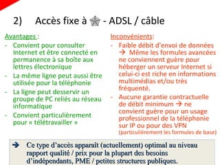 2)  Accès fixe à    - ADSL / câble  Avantages  : Convient pour consulter Internet et être connecté en permanence à sa boîte aux lettres électronique La même ligne peut aussi être utilisée pour la téléphonie La ligne peut desservir un groupe de PC reliés au réseau informatique Convient particulièrement pour « télétravailler » Inconvénients : Faible débit d’envoi de données     Même les formules avancées ne conviennent guère pour héberger un serveur Internet si celui-ci est riche en informations multimédias et/ou très fréquenté.  Aucune garantie contractuelle de débit minimum    ne convient guère pour un usage professionnel de la téléphonie sur IP ou pour des VPN  (particulièrement les formules de base)    Ce type d’accès apparaît (actuellement) optimal au niveau rapport qualité / prix pour la plupart des besoins d’indépendants, PME / petites structures publiques. 