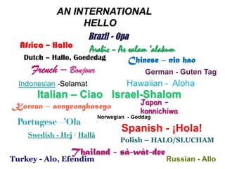 AN INTERNATIONAL
HELLO
Brazil - Opa
Chinese – nin haoDutch – Hallo, Goededag
French – Bonjour German - Guten Tag
Hawaiian - AlohaIndonesian -Selamat
Japan –
konnichiwa
Korean – annyeonghaseyo
Norwegian - Goddag
Portugese –’Ola
Spanish - ¡Hola!
Swedish - Hej / Hallå
Thailand - sà-wàt-dee
Russian - AlloTurkey - Alo, Efendim
Italian – Ciao Israel-Shalom
Africa – Hallo
Polish – HALO/SLUCHAM
Arabic – As salam ‘alakum
 
