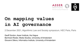 On mapping values
in AI governance
2 December 2021, Algorithmic Law and Society symposium, HEC Paris, Paris
Geoff Gordon, Asser Institute, the Hague
Bernhard Rieder, Media Studies, University of Amsterdam
Giovanni Sileno, Informatics Institute, University of Amsterdam
 