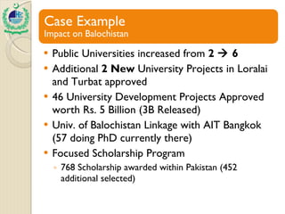 Public Universities increased from  2    6 Additional  2 New  University Projects in Loralai and Turbat approved 46 University Development Projects Approved worth Rs. 5 Billion (3B Released) Univ. of Balochistan Linkage with AIT Bangkok (57 doing PhD currently there) Focused Scholarship Program 768 Scholarship awarded within Pakistan (452 additional selected) 